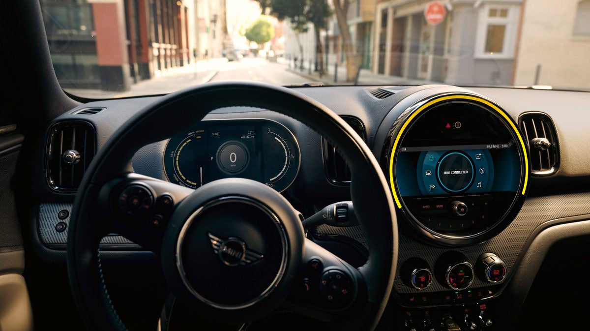 The MINI Cooper SE Countryman PHEV steering wheel. MINI of Pittsburgh in Pittsburgh PA