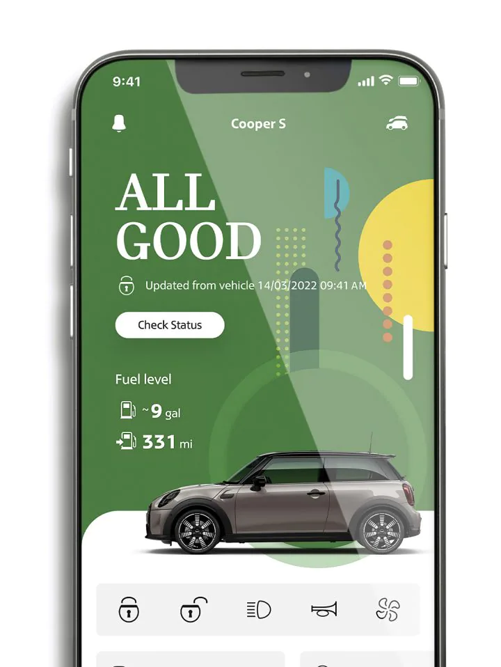 Smartphone with MINI App vehicle status information on its screen. | MINI of Pittsburgh in Pittsburgh PA