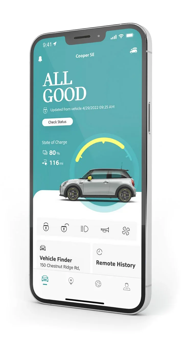 Smartphone with MINI App vehicle status information on its screen. | MINI of Pittsburgh in Pittsburgh PA