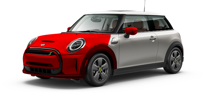 A red and white Mini Cooper electric car, left side red, right side white, on a black background.