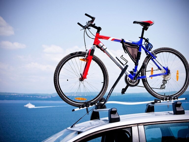Red, white, and blue bike secured on a car's roof rack, with a blurred blue sea and sky in the background.